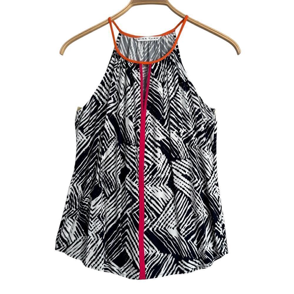 Trina Turk size XS Top Sleeveless Geometric Navy White Bold Trim